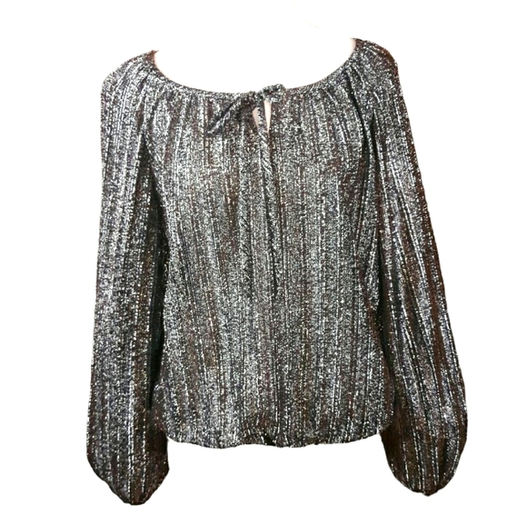 VINTAGE 70s Metalic Silver Peasant Blouse M - Picture 1 of 4